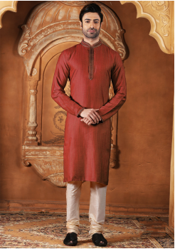 Red Color Jute Jacquard And Poly Fabric Kurta Set